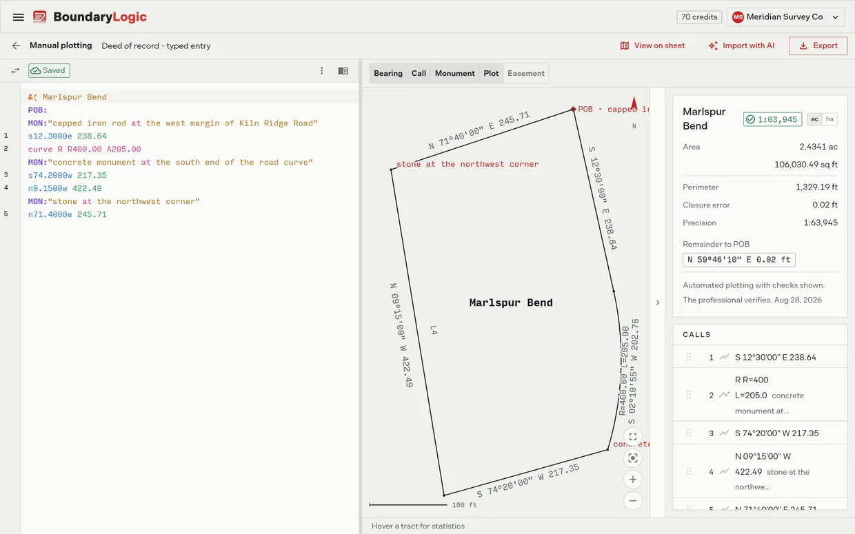 A typed legal description verified with its closure and precision checks shown