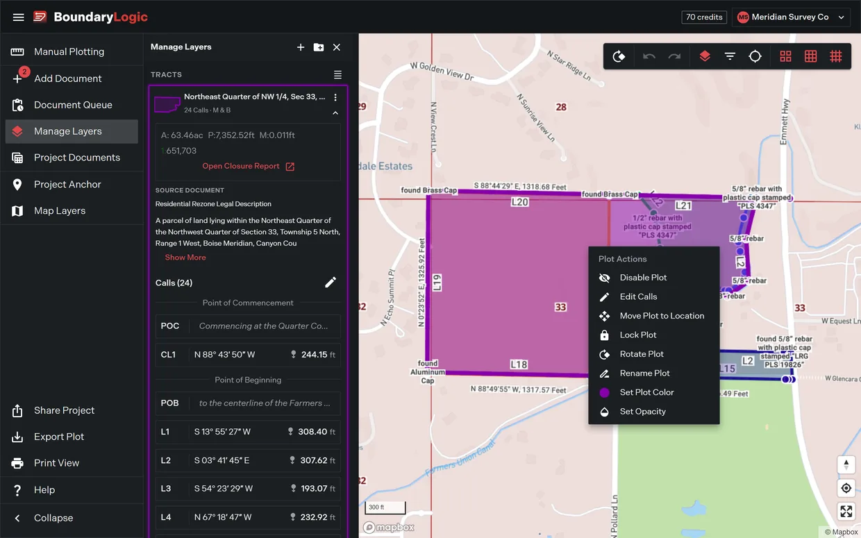 The Plot Actions menu open on a selected boundary over the street basemap, with Move Plot to Location among its items