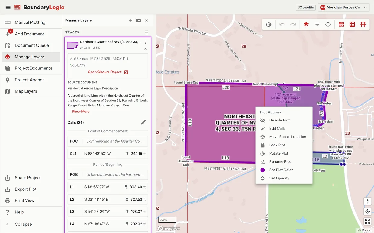The Plot Actions menu open on a selected boundary over the street basemap, with Move Plot to Location among its items