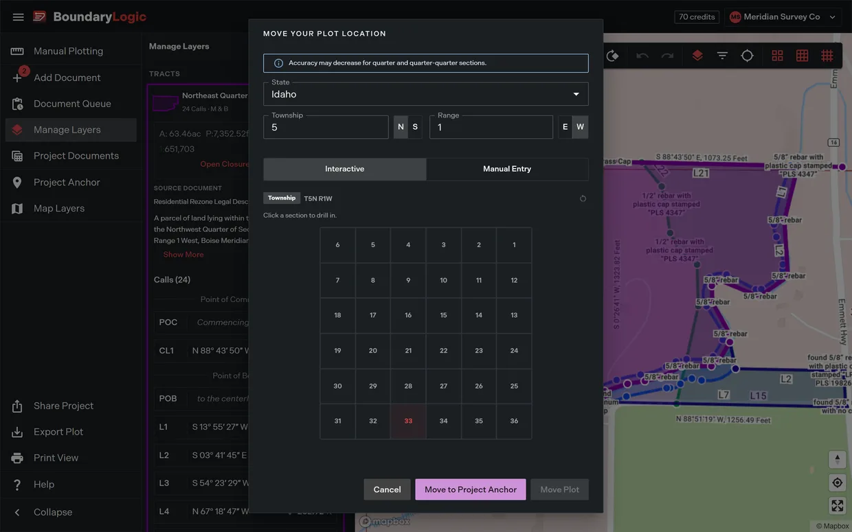 The Move Plot to Location dialog on the PLSS tab, state and township set, the 36 section survey order grid drawn with one section highlighted