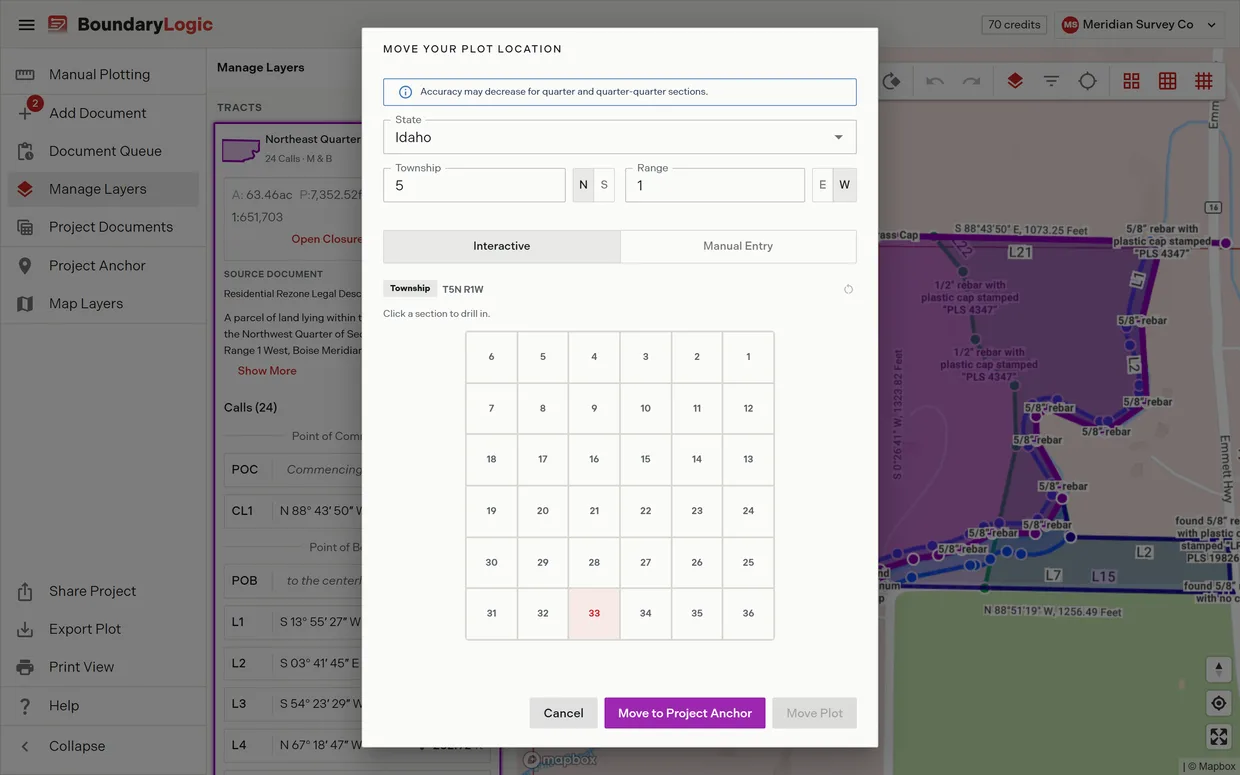 The Move Plot to Location dialog on the PLSS tab, state and township set, the 36 section survey order grid drawn with one section highlighted